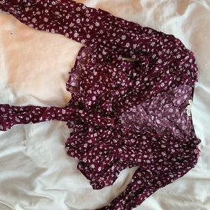 Plum floral print long sleeve crop top